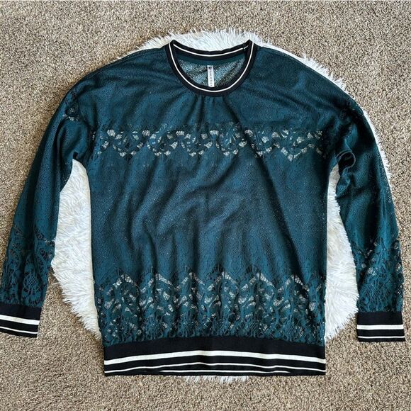 Fabletics Sophie Top Popover Lace Long Sleeve Dark Teal Black Womens Size Large - Picture 1 of 5